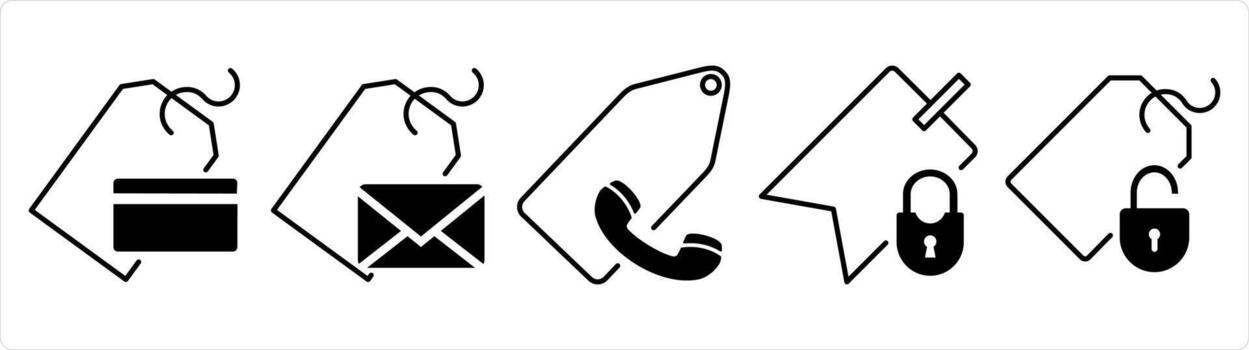 A set of 5 business icons as card tag, message tag, call tag in black line color vector
