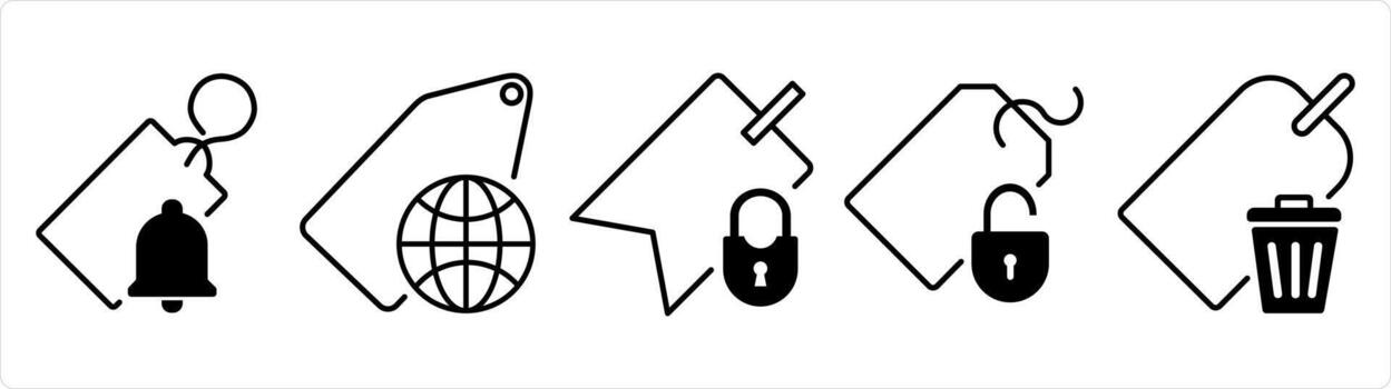 A set of 5 business icons as tag notification, global tag, tag security in black line color vector