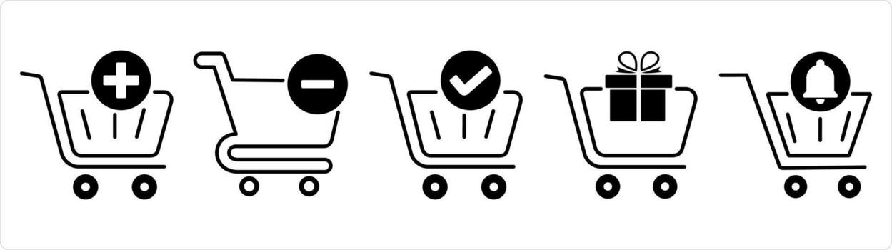 A set of 5 business icons as add to cart, remove cart, approved cart in black line color vector