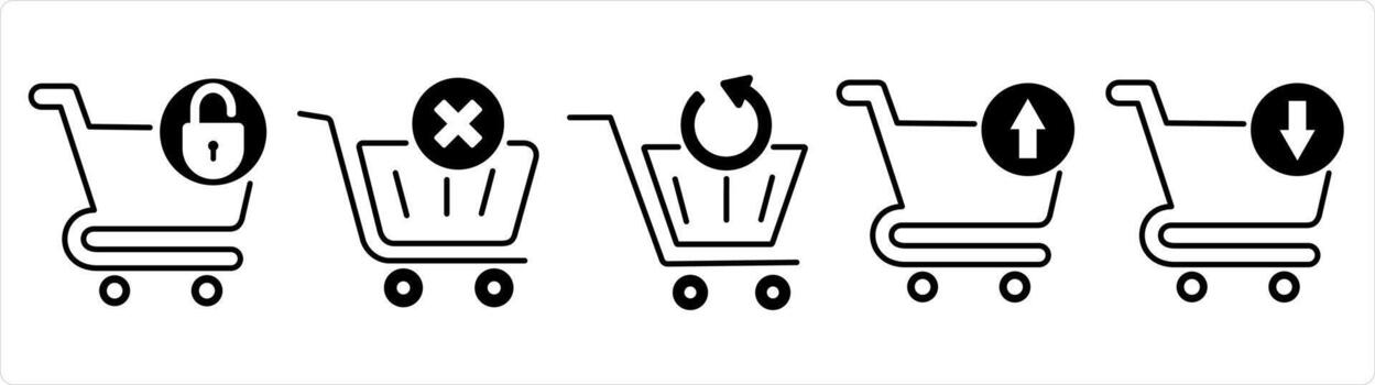 A set of 5 business icons as cart security, remove cart, update cart in black line color vector