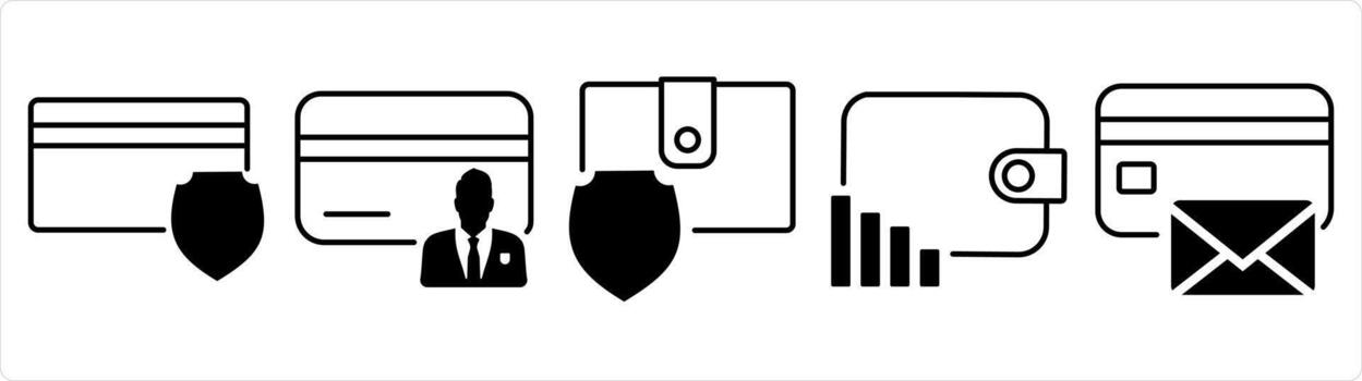 A set of 5 business icons as card security, card owner, money security in black line color vector