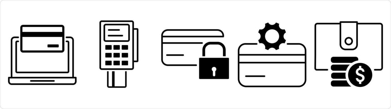 A set of 5 business icons as online payment, card swipe machine, card security in black line color vector