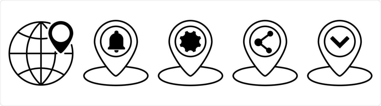 A set of 5 business icons as global location, location notification, location setting in black line color vector