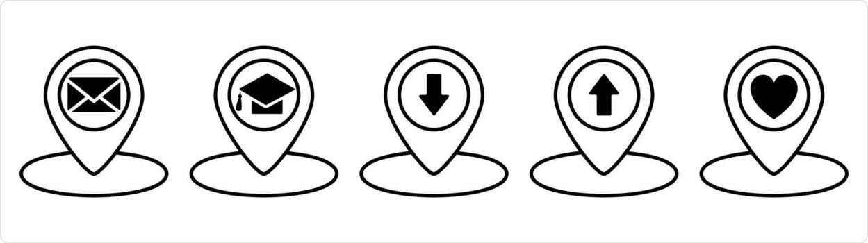 A set of 5 business icons as message location, university location, pin in black line color vector