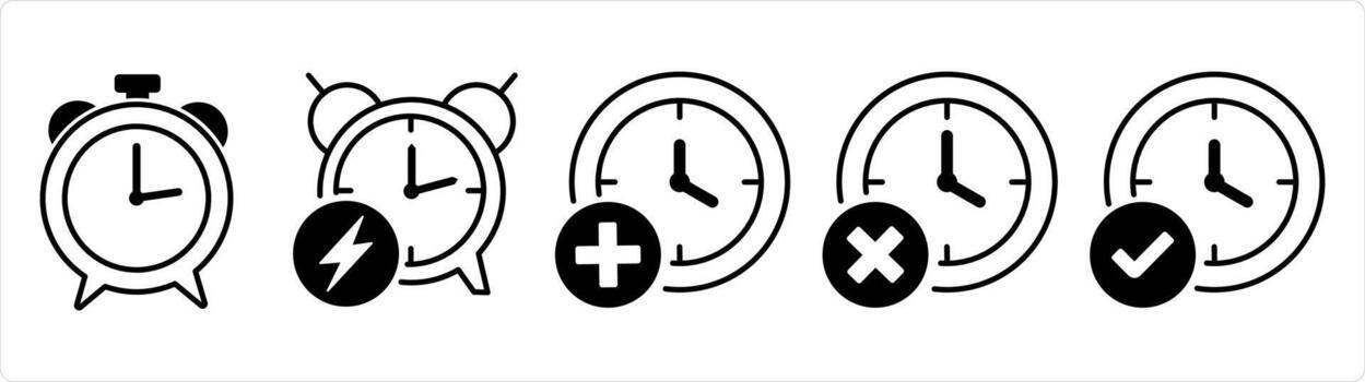 A set of 5 business icons as alarm, fast time, add time in black line color vector