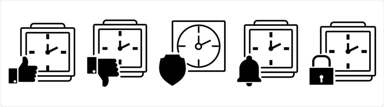 un conjunto de 5 5 negocio íconos como disgusto tiempo, me gusta tiempo, hora seguridad en negro línea color vector