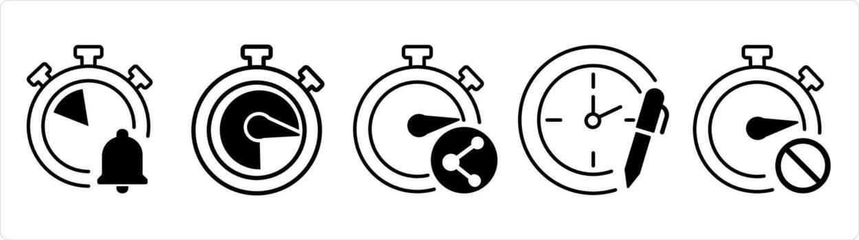 A set of 5 business icons as time notification, speedometer, share time in black line color vector