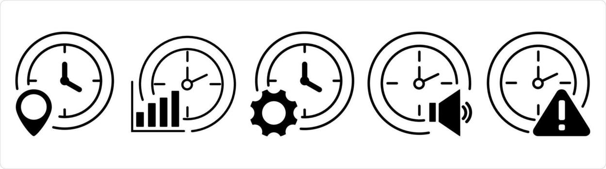 A set of 5 business icons as time location, time revenue, time management in black line color vector