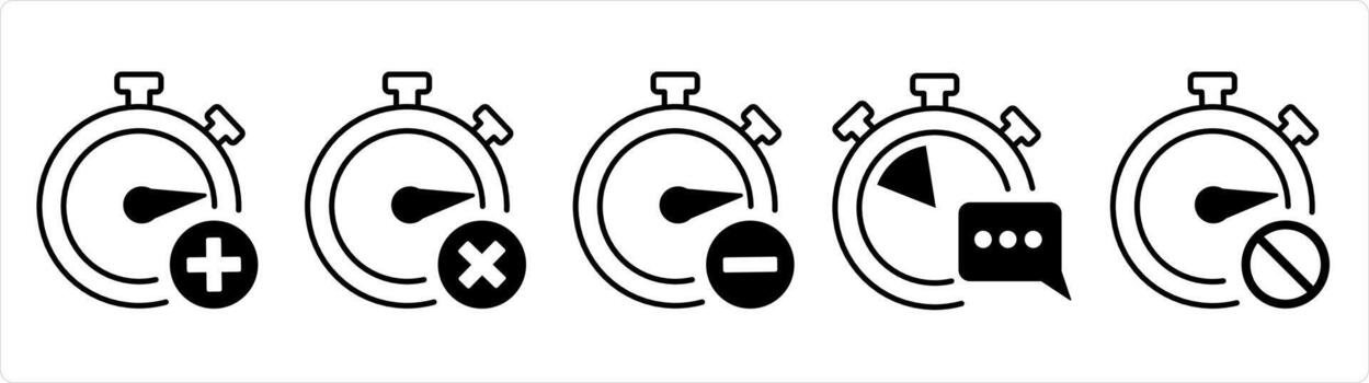 A set of 5 business icons as add time, wrong time, remove time in black line color vector