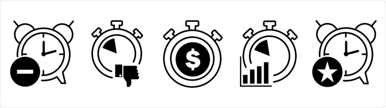 A set of 5 business icons as reduce time, like time, time is money in black line color vector