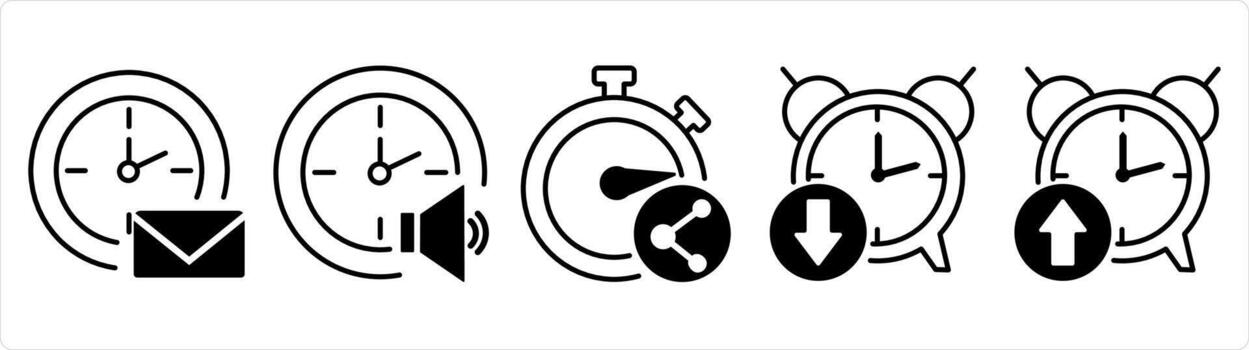 A set of 5 business icons as message on time, time speaker, share tim in black line color vector