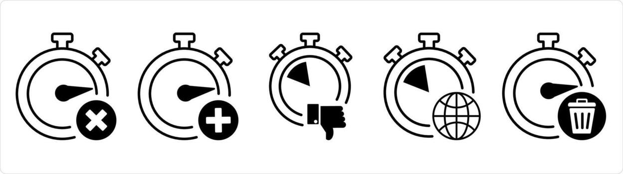 A set of 5 business icons as wrong time, add time, like time in black line color vector