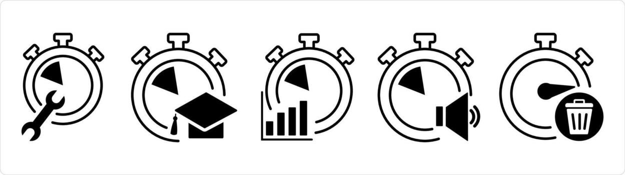 A set of 5 business icons as time settings, study time, business management in black line color vector