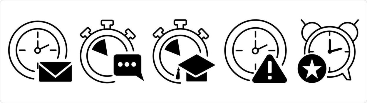 A set of 5 business icons as message on time, message time, study time in black line color vector
