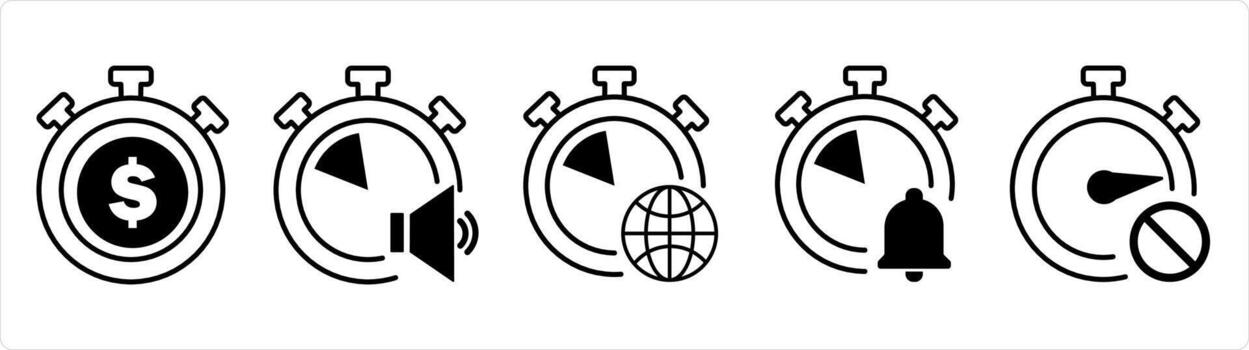 A set of 5 business icons as time is money, speaker time, global time in black line color vector