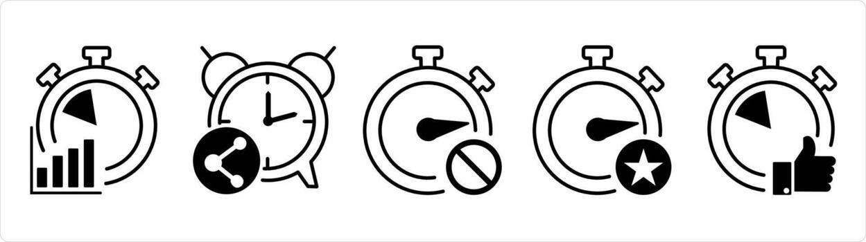 A set of 5 business icons as business management, share time, time prohibited in black line color vector