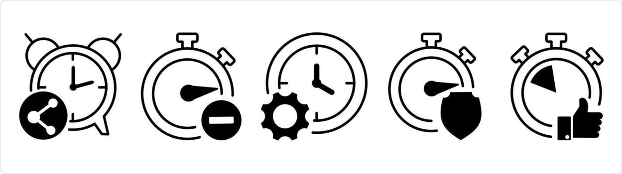 A set of 5 business icons as share time, remove time, time management in black line color vector