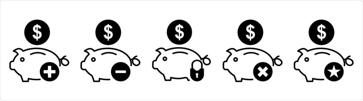 A set of 5 business icons as add savings, remove savings, bank security in black line color vector