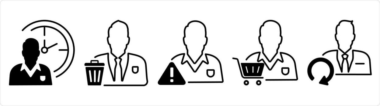 A set of 5 business icons as time management, remove user, account maintenance in black line color vector