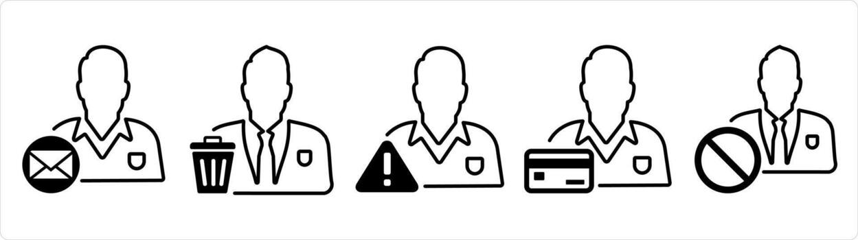 A set of 5 business icons as business message, remove user, account maintenance in black line color vector