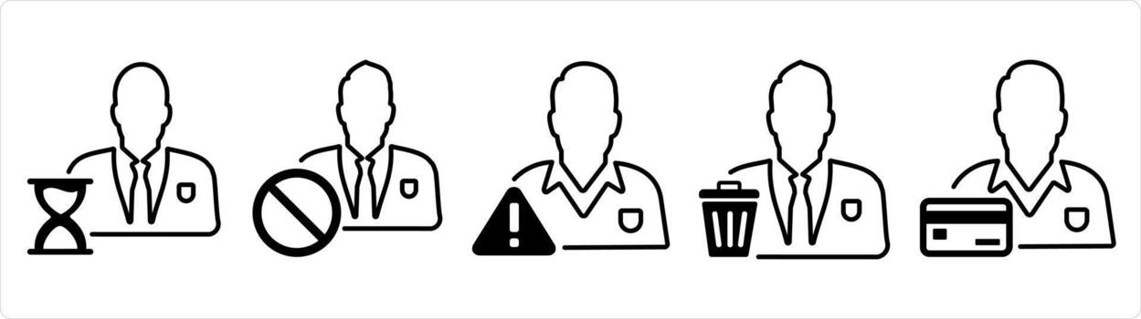 A set of 5 business icons as time management, user prohibited, account maintenance in black line color vector