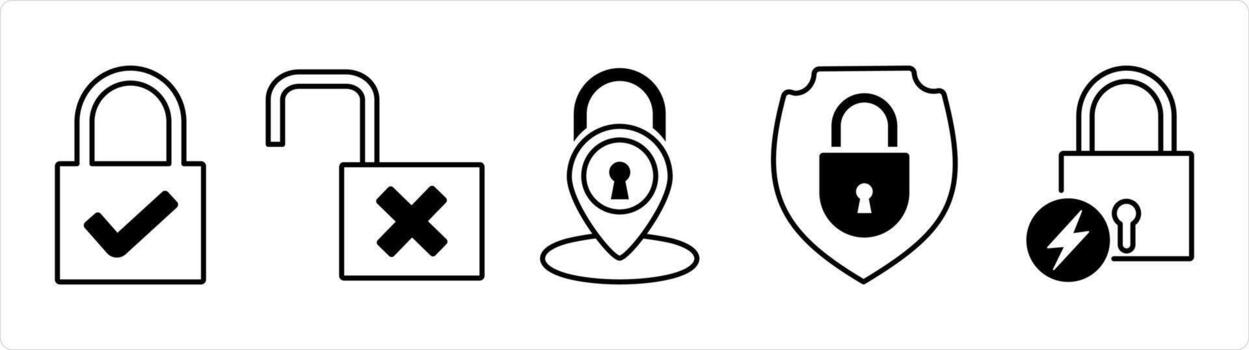 A set of 5 business icons as lock, location security, lock security in black line color vector