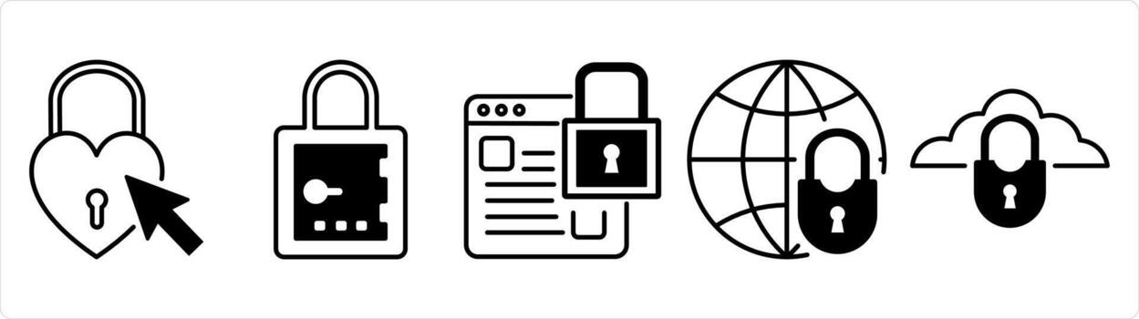 un conjunto de 5 5 negocio íconos como corazón, cerrar con llave, página web seguridad en negro línea color vector