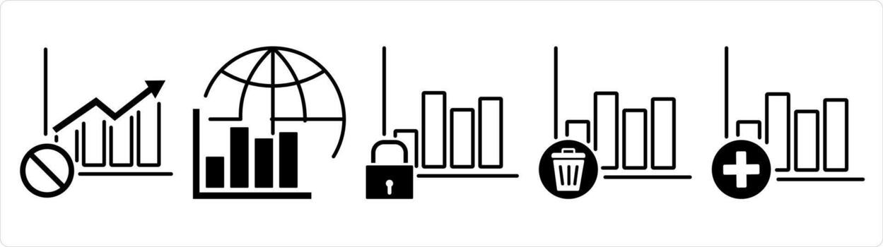 A set of 5 business icons as graph prohibited, global graph, growth security in black line color vector