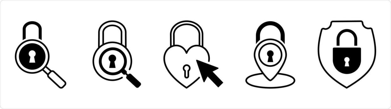 A set of 5 business icons as lock search, heart, location security in black line color vector