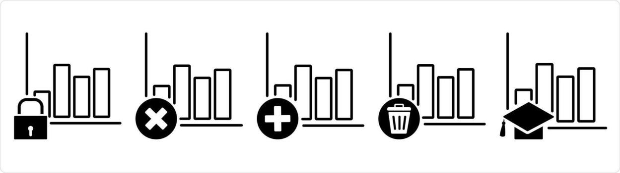 un conjunto de 5 5 negocio íconos como crecimiento seguridad, incorrecto crecimiento, añadir grafico en negro línea color vector