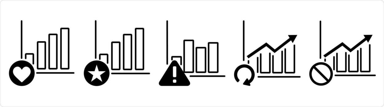 A set of 5 business icons as favorite graph, graph maintenance, update graph in black line color vector
