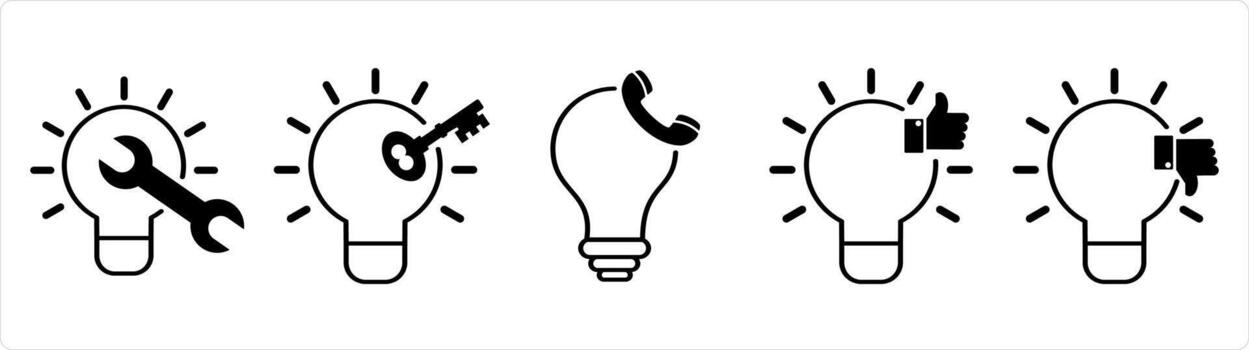 A set of 5 business icons as fix idea, key point, calling idea in black line color vector