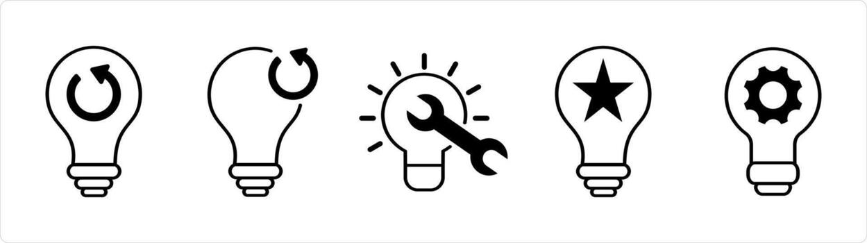 A set of 5 business icons as refresh idea, fix idea, creative idea in black line color vector