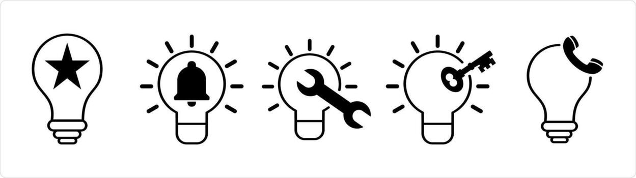 un conjunto de 5 5 negocio íconos como creativo idea, idea notificación, reparar idea en negro línea color vector