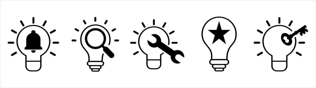 A set of 5 business icons as idea notification, search idea, fix idea in black line color vector