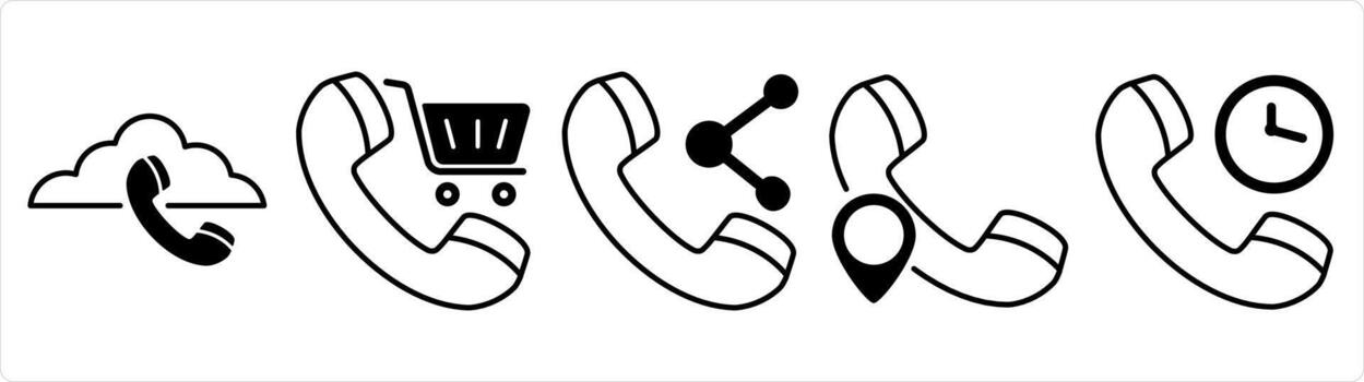 A set of 5 contact icons as cloud call, shopping call, share call in black line color vector