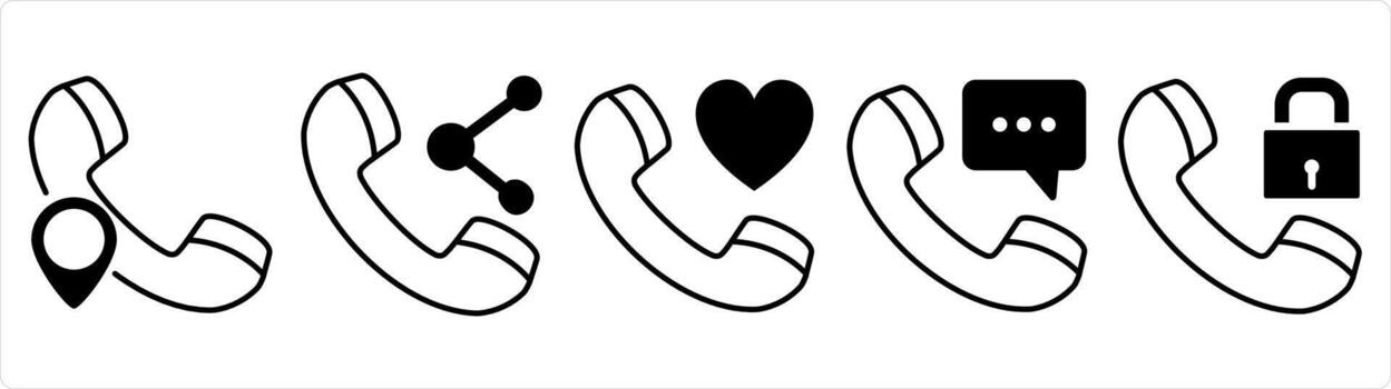 A set of 5 contact icons as call location, share call, favorite call in black line color vector