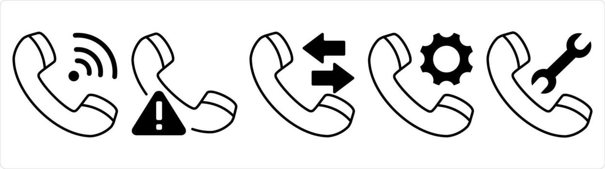 A set of 5 contact icons as wifi call, call maintenance, synchronize call in black line color vector