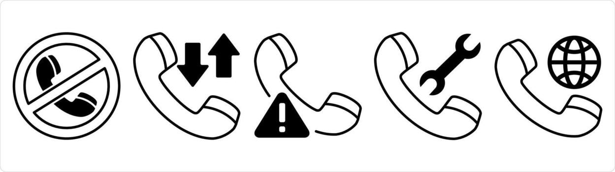 A set of 5 contact icons as call prohibited, synchronize call, call maintenance in black line color vector