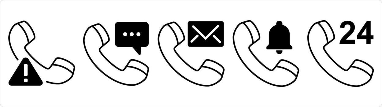 A set of 5 contact icons as call maintenance, call message, call notification in black line color vector