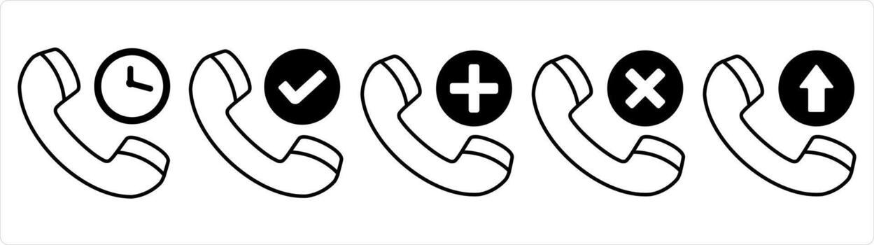 A set of 5 contact icons as call time, right call, add call in black line color vector