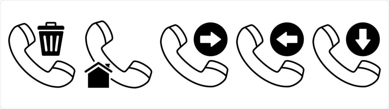 A set of 5 contact icons as delete call, home call, send call in black line color vector