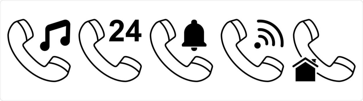 un conjunto de 5 5 contacto íconos como música llamar, 24x7 llamar, llamada notificación en negro línea color vector