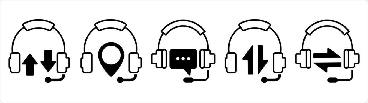 A set of 5 contact icons as synchronize headphone, headphone location, headphone message in black line color vector