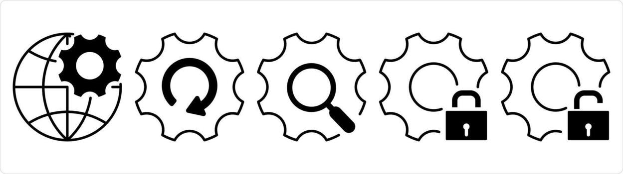 un conjunto de 5 5 contacto íconos como global configuración, ajuste buscar, ajuste proteccion en negro línea color vector