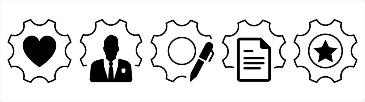un conjunto de 5 5 contacto íconos como favorito configuración, negocio gestión, editar ajustes en negro línea color vector