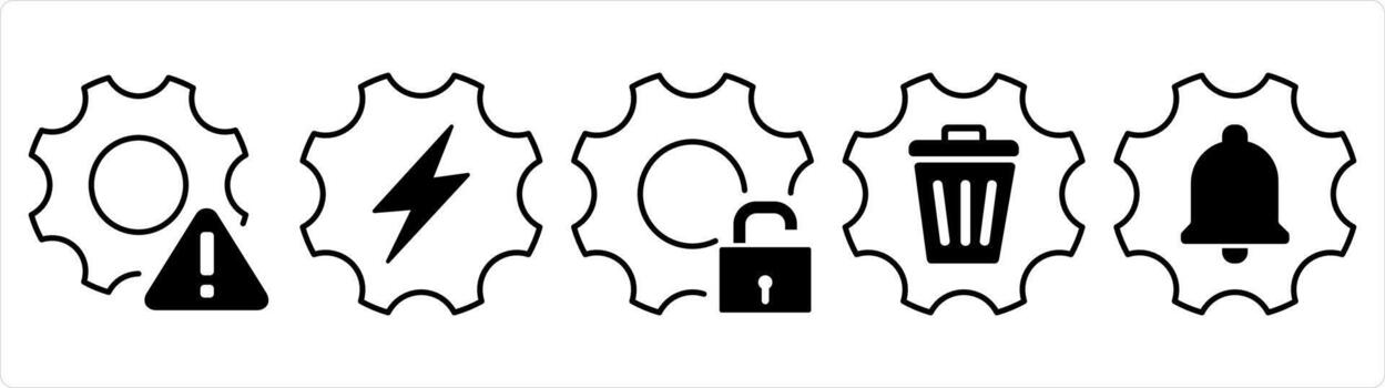 A set of 5 contact icons as setting maintenance, setting, setting protection in black line color vector