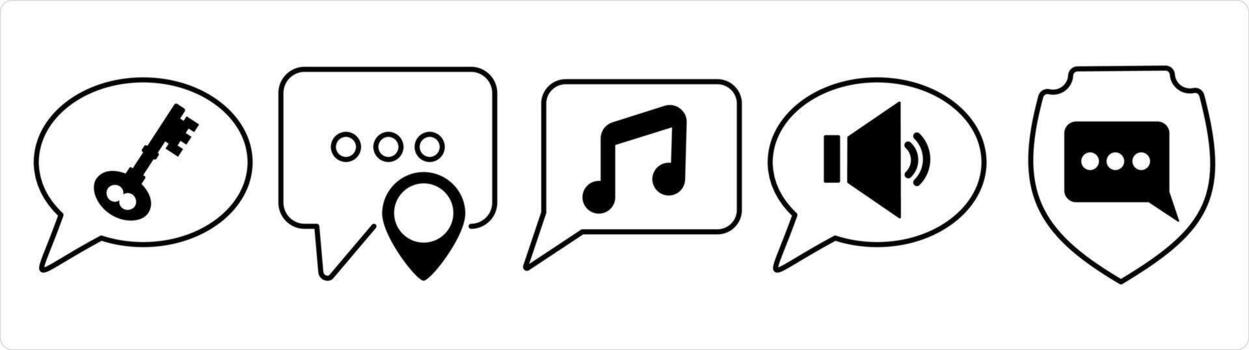 A set of 5 contact icons as message security, message location, music message in black line color vector