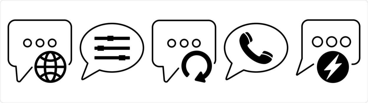 A set of 5 contact icons as international message, message settings, refresh message in black line color vector