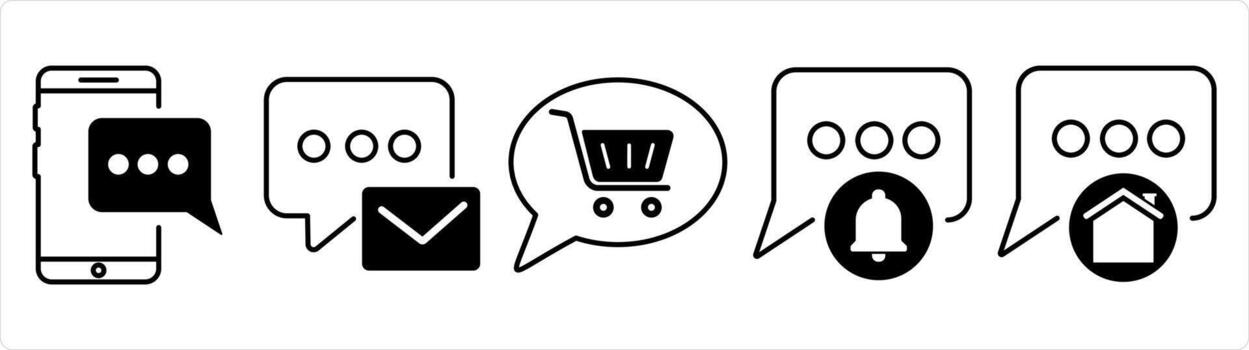 A set of 5 contact icons as mobile message, message, shopping cart, message notification in black line color vector